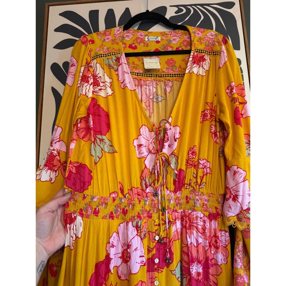 Free People Intimately Penny Printed Maxi Bodysuit Gold Floral Boho Dress M